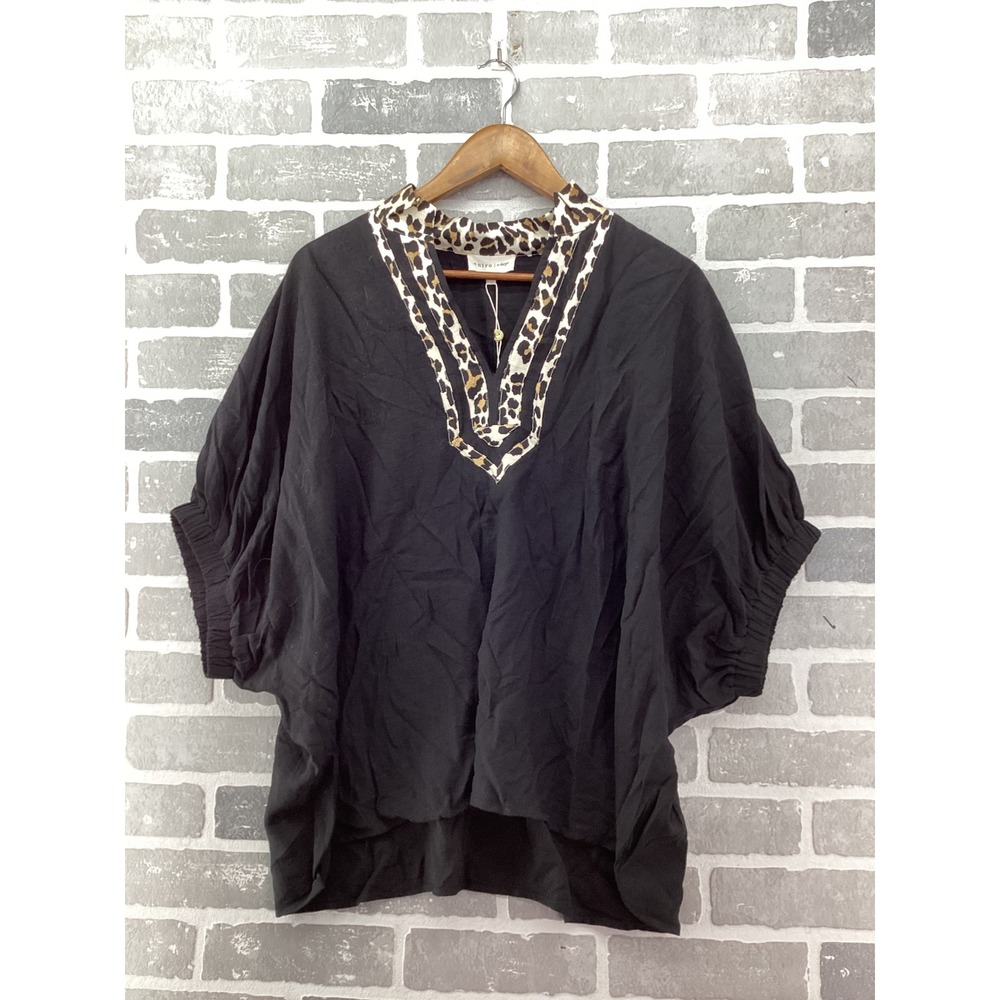 Entro Women XL Black V-Neck Top Leopard Print Trim Oversized Dolman Sleeve NEW